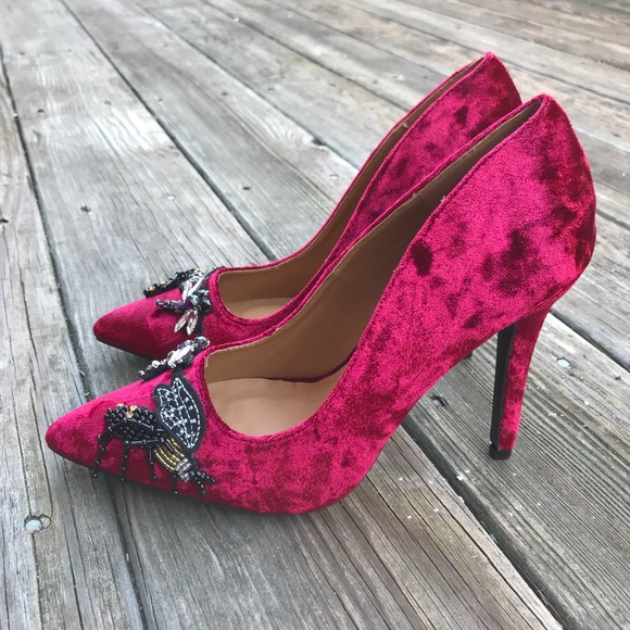 Shoes - Red Crushed Velvet Pumps w/ Beaded Design